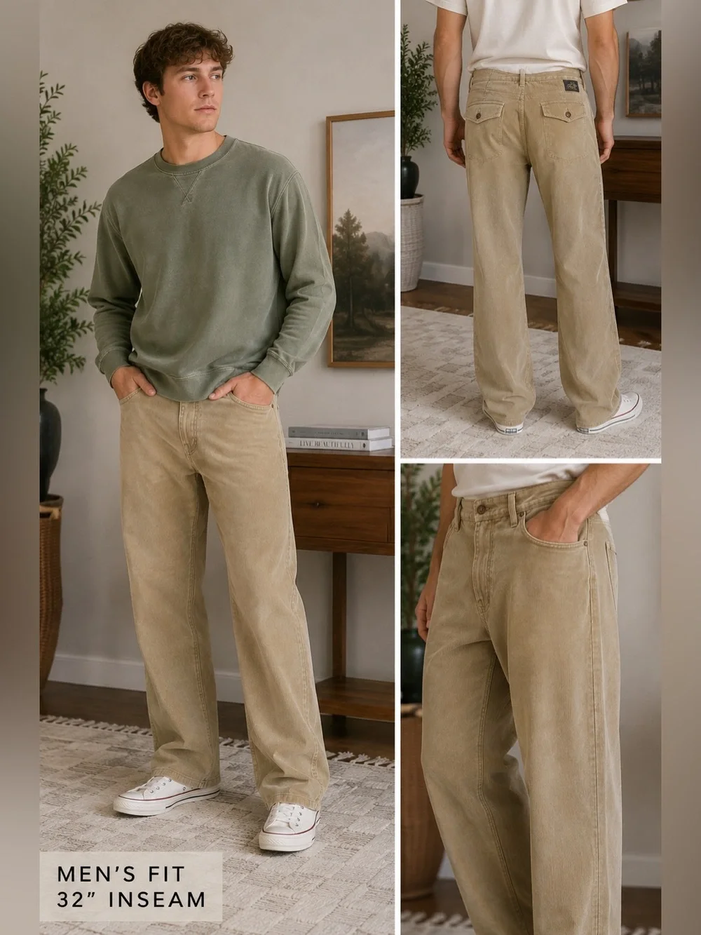 Men’s Well Worn Corduroy Pants 33x32 Tan Relaxed Straight Leg